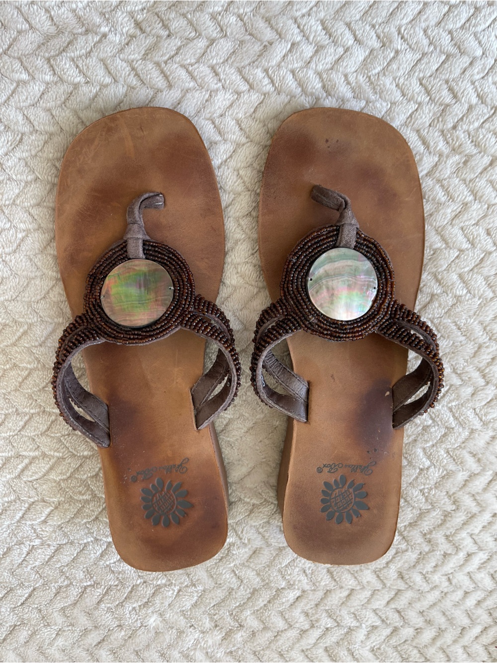 Yellow Box Brown Beaded Sandals with Iridescent Pearlized disk ornament size 6.